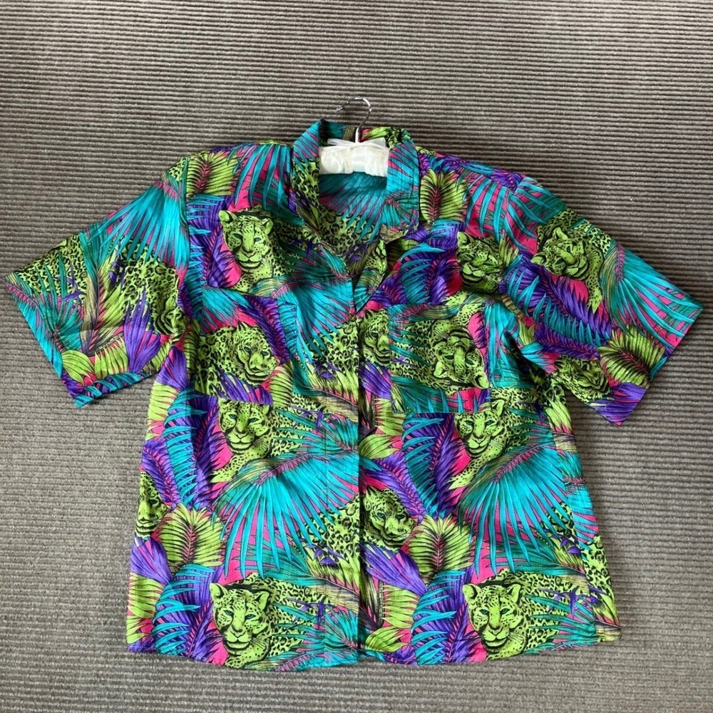 Petite Notations Vintage Leopard‎ Tropical Palm Print Button Up Shirt Neon Sz 14